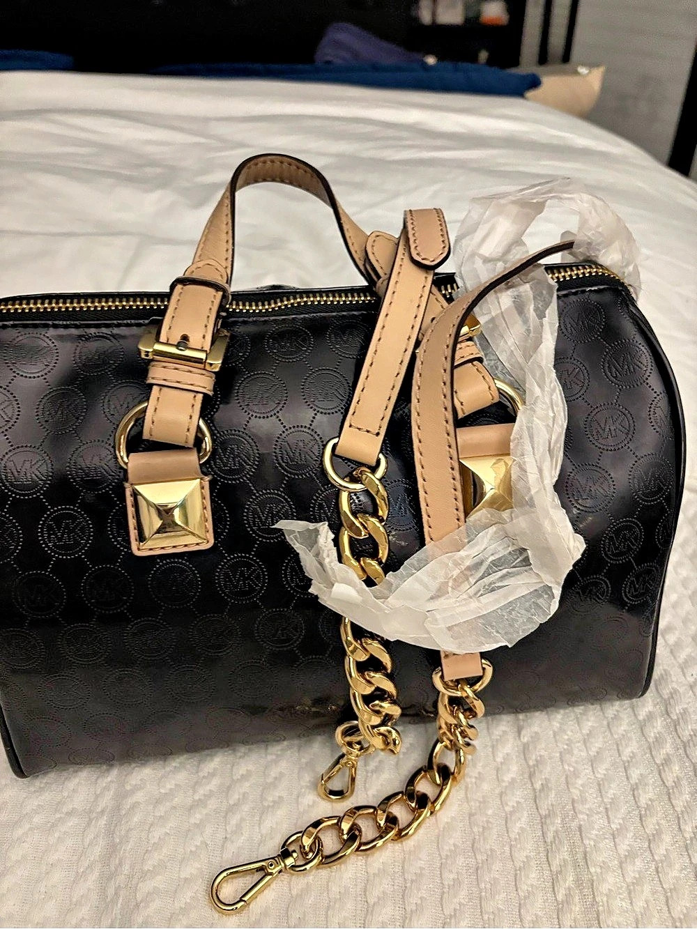 Michael Kors Grayson Medium Logo Embossed Patent Satchel Black & Brown